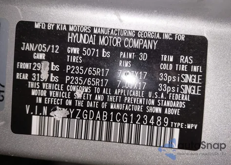 2012 Hyundai Santa Fe Gls z USA, uszkodzony, nr VIN 5XYZGDAB1CG123489